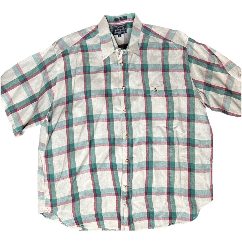Bogari Studio Mens XL Plaid Linen Blend Button Down Shirt Coastal Resort‎ Summer